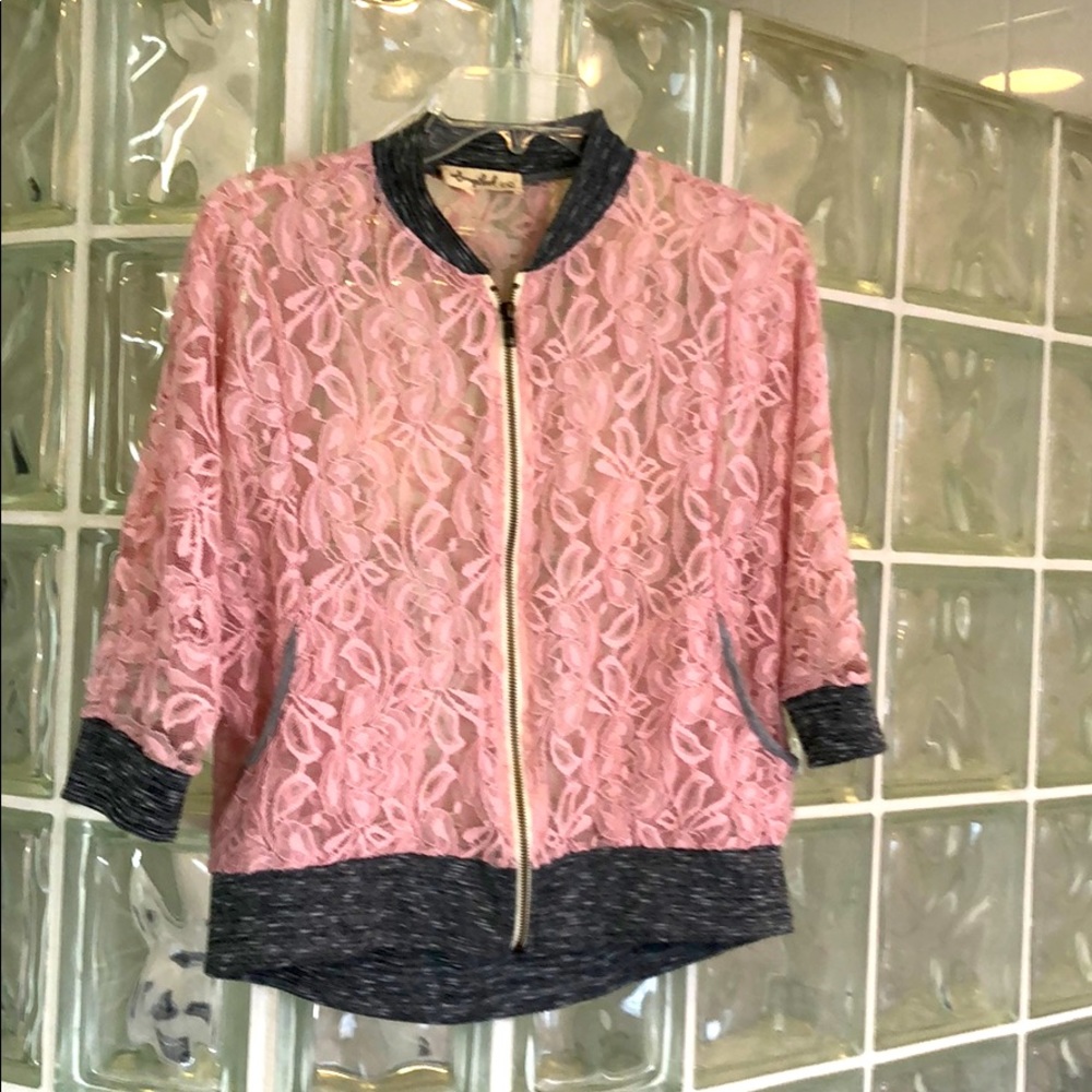 Scrapbook lace jacket M pink gray